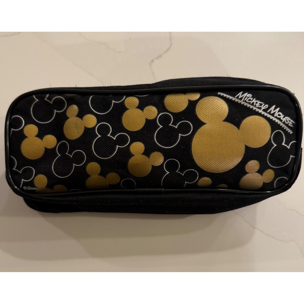 Disney Mickey Mouse Pencil Case Pouch‎ Black Gold Metallic Silhouette Zipper Bag